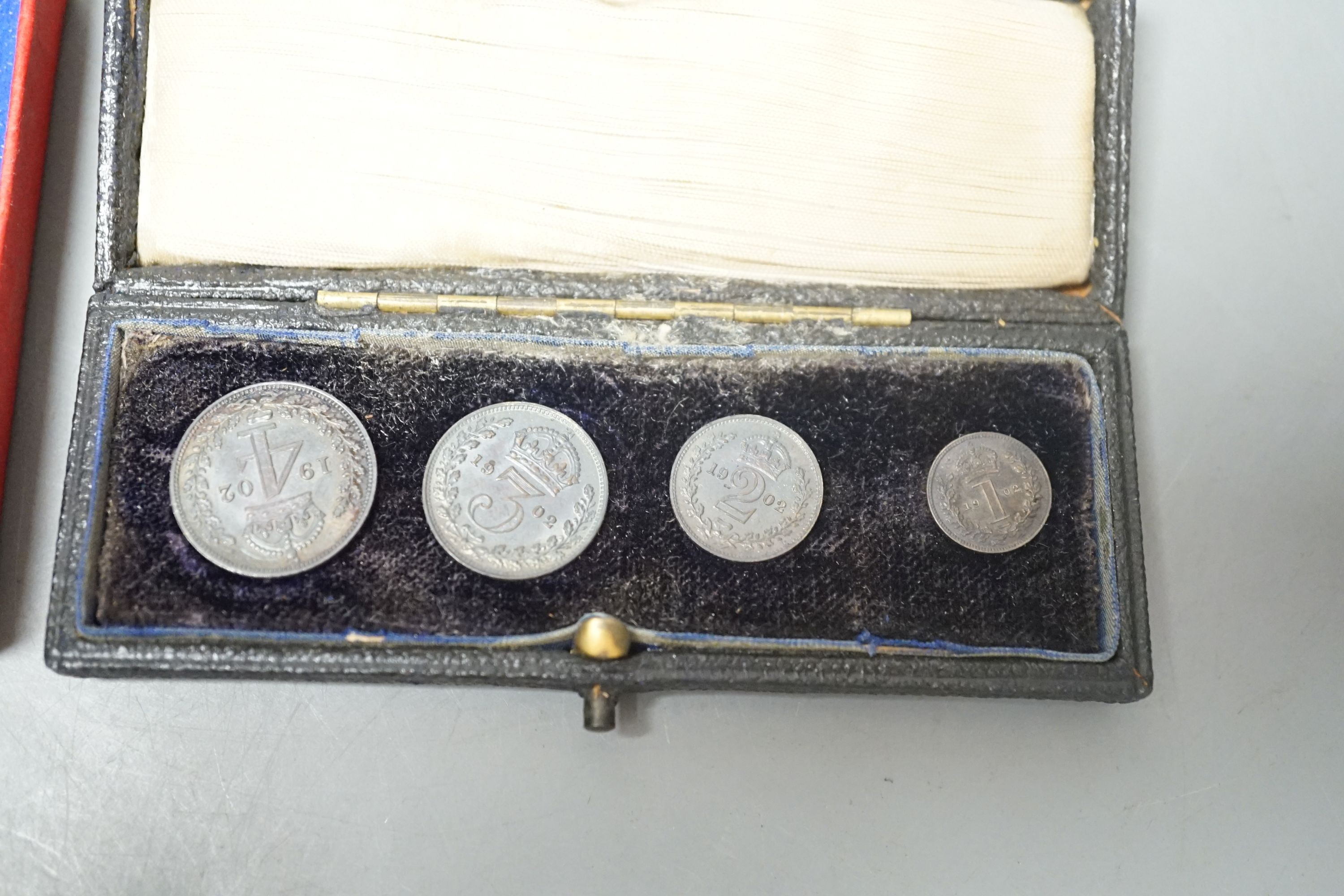 Edward VII maundy money set 1902, 1d to 4d two royal commemorative medals and a 1937 crown